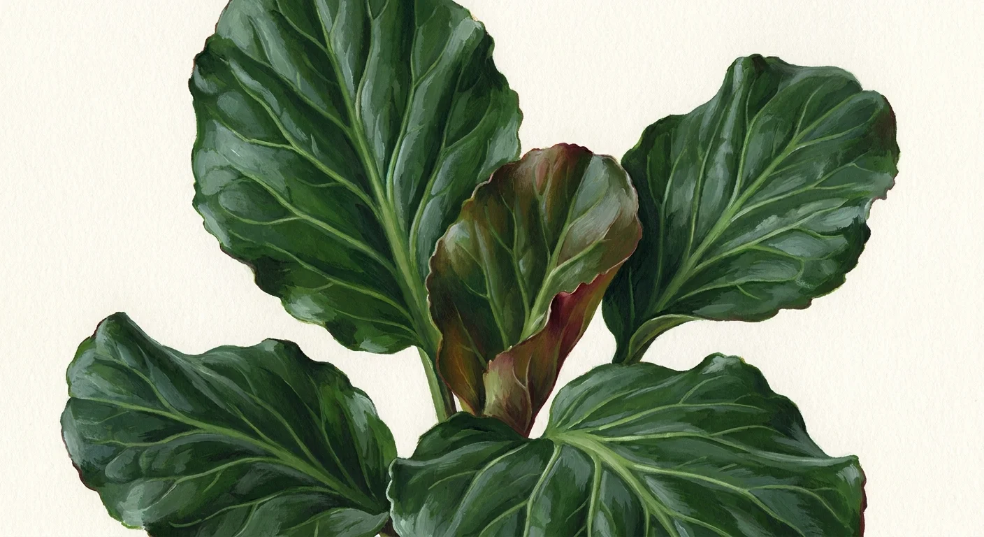 A botanical illustration of Bergenia's large, leathery green leaves with a waxy texture.