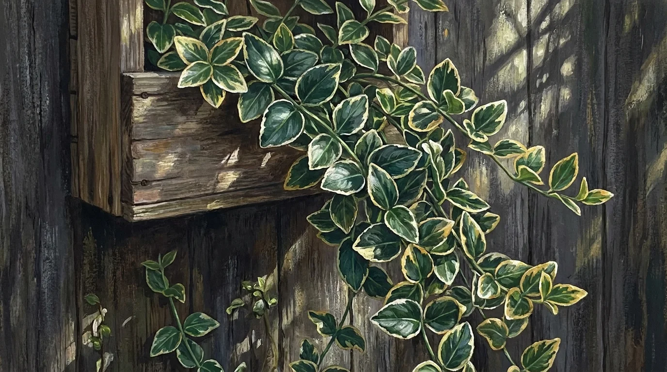 A botanical painting of variegated Wintercreeper leaves trailing down from a planter.