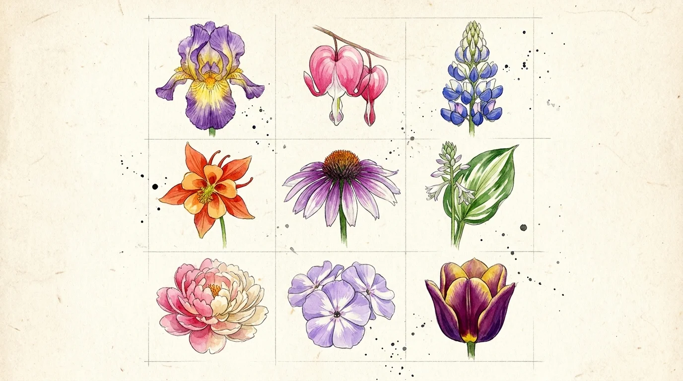A botanical watercolor illustration featuring a collection of nine different multi-colored perennial flower heads.
