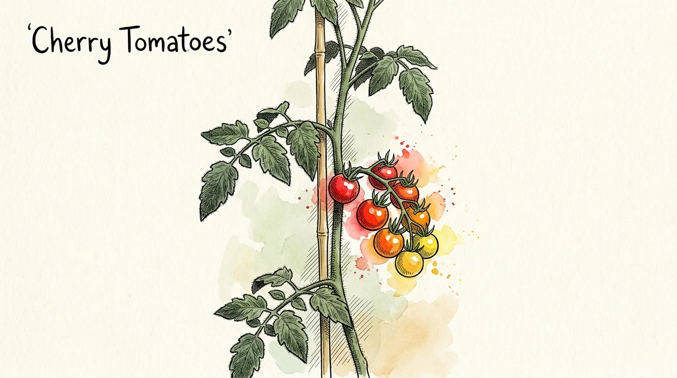 A botanical watercolor illustration of a cherry tomato vine with red and orange fruit on a bamboo stake.