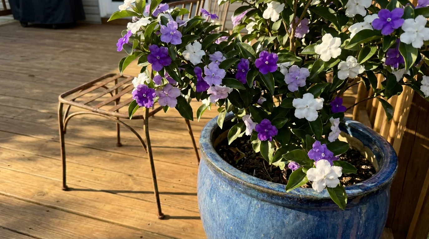 A Brunfelsia shrub in a pot featuring purple, lavender, and white flowers all at once.