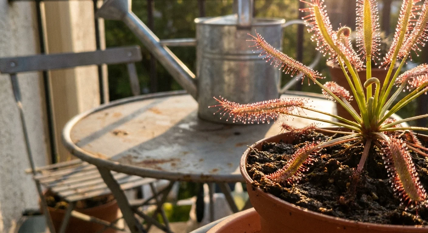 A Cape Sundew plant with sticky, glistening tentacles catching the golden afternoon sunlight on a balcony table.