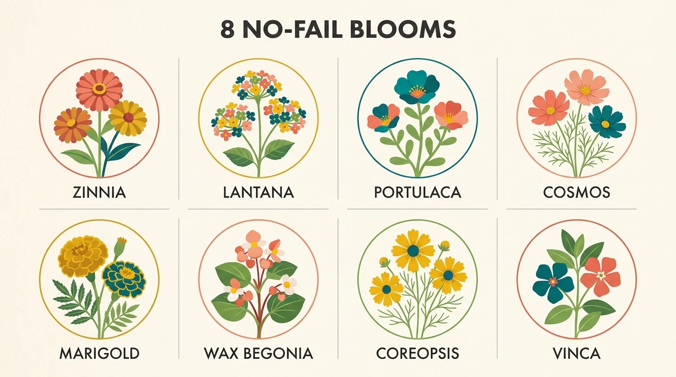 A clean infographic diagram showing icons and names of eight low-maintenance summer flowers like Zinnias and Marigolds.