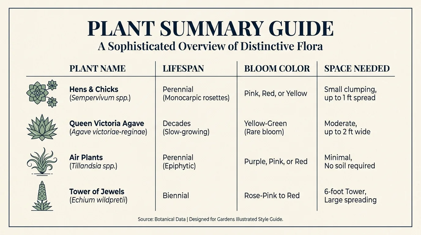 A clean table-style infographic summarizing the lifespan, bloom color, and space needs for four plants.