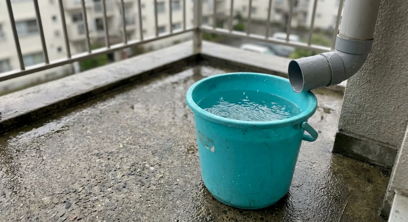 A close-up of a blue bucket on a concrete balcony catching rainwater during a storm.