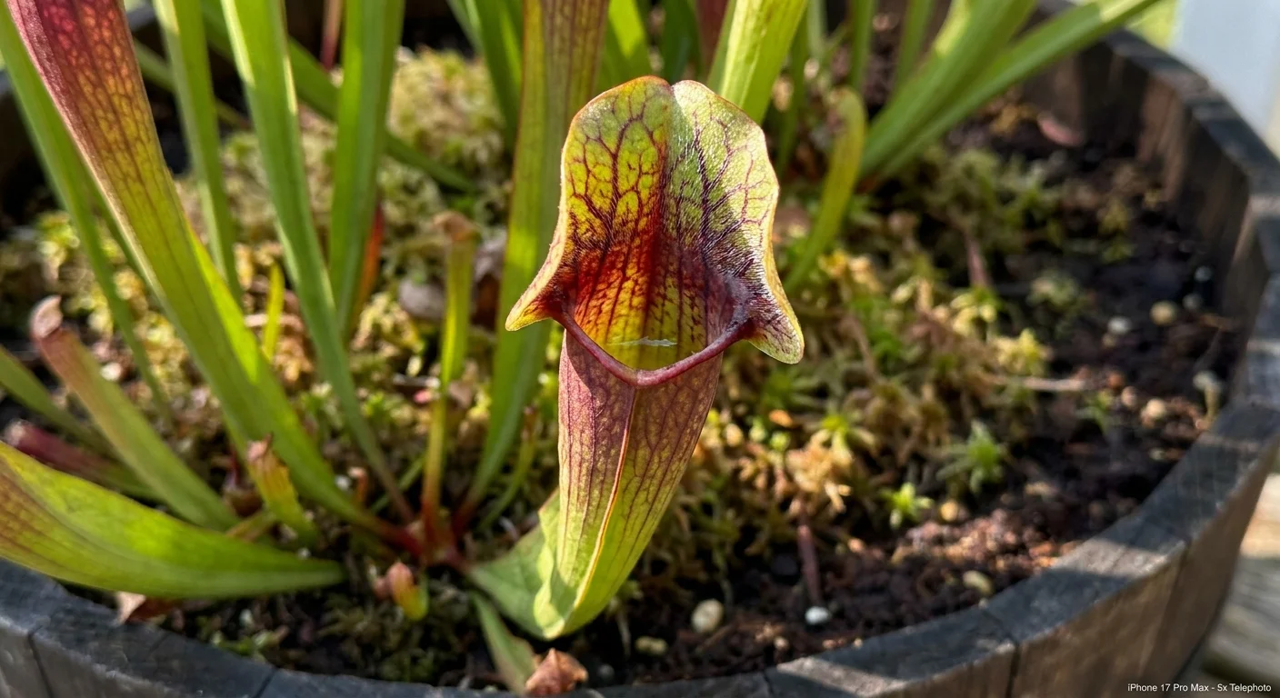A close-up of a carnivorous pitcher plant's opening, showing its water-holding tube.