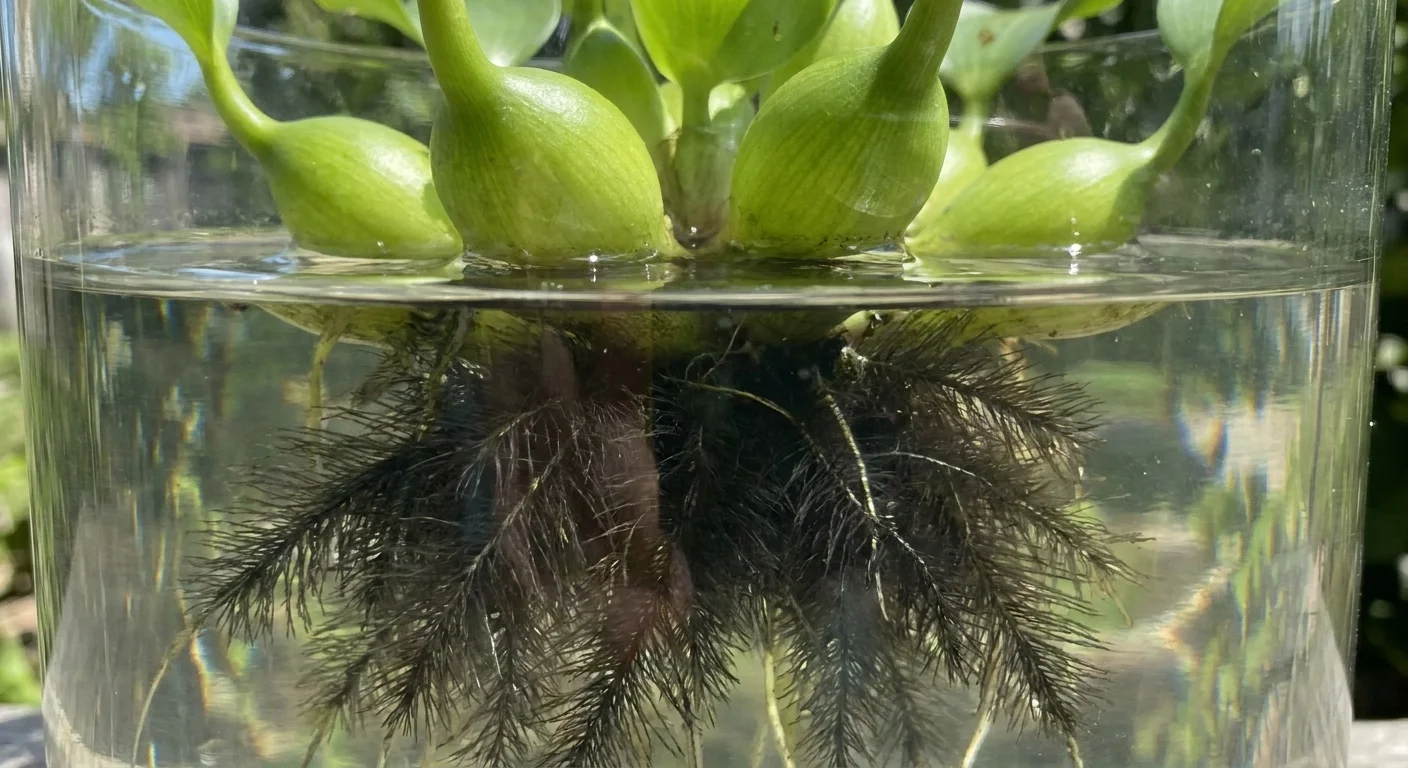 A close-up of floating water hyacinth showing its bulbous stems and thick underwater roots.