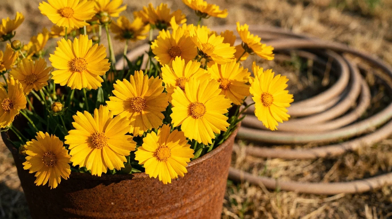 A close-up of yellow coreopsis flowers in a metal bucket, thriving in the bright summer sun.