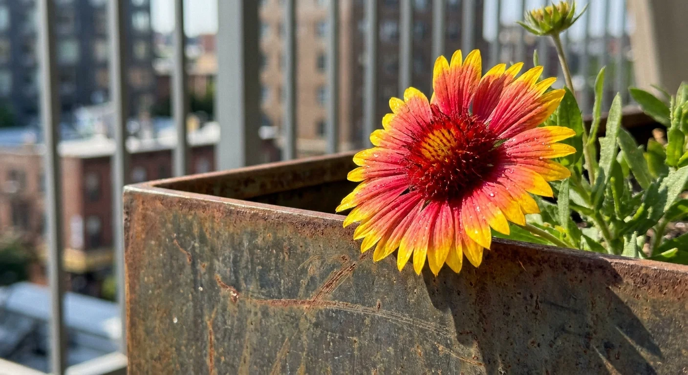 A close-up photo of a bicolored red and yellow Blanket Flower in a metal planter on a sunny balcony.