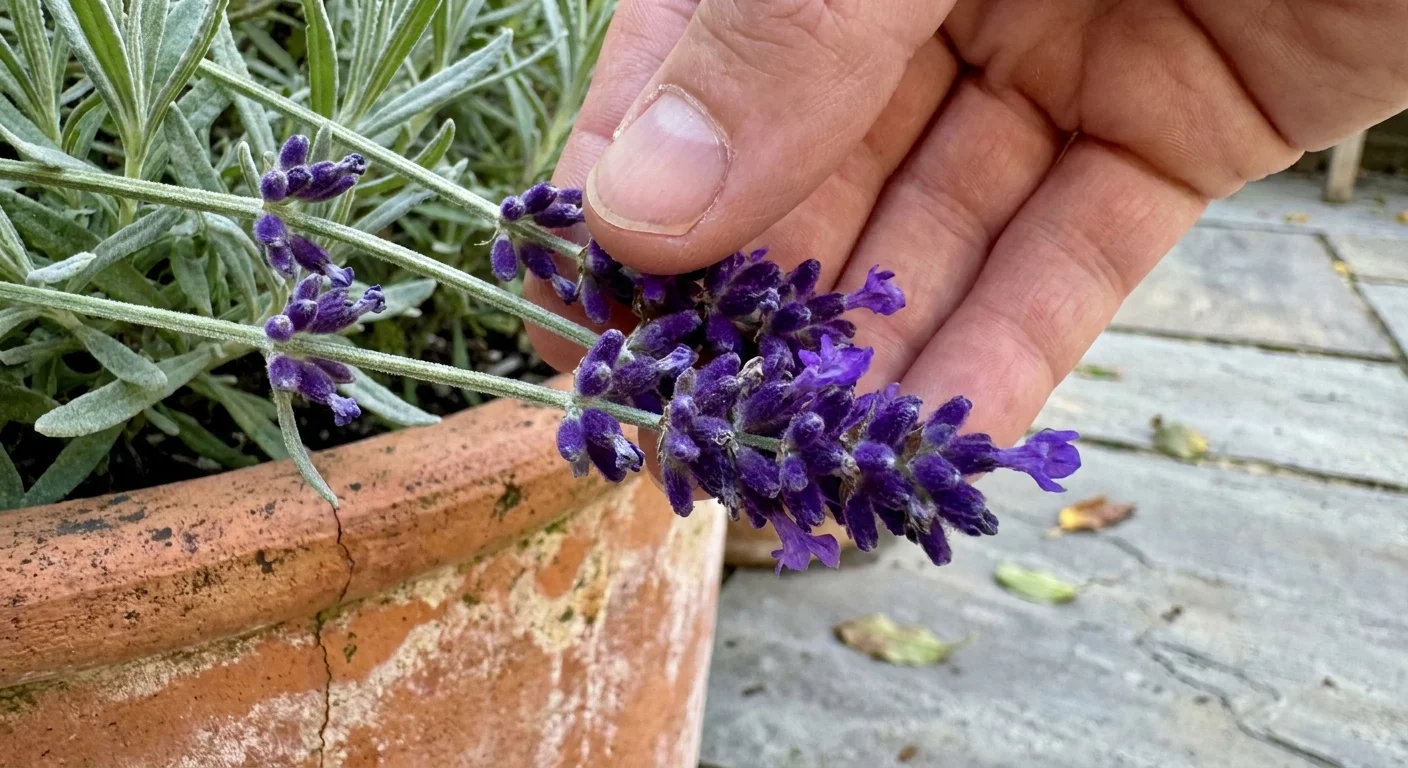 A close-up photo of a hand gently touching purple lavender flowers in a clay pot on a sunlit patio.