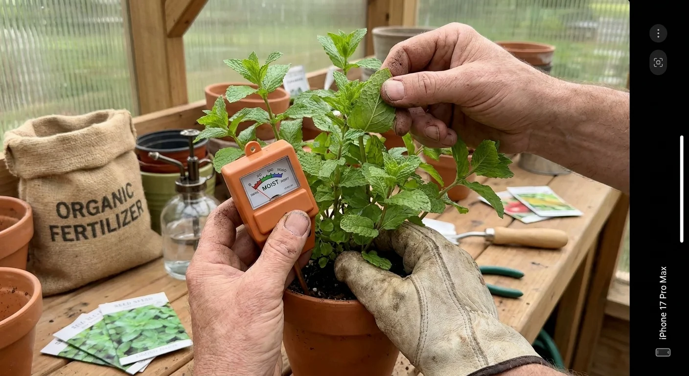 A close-up photo of a person using a moisture meter and checking the leaves of a mint plant for health issues.