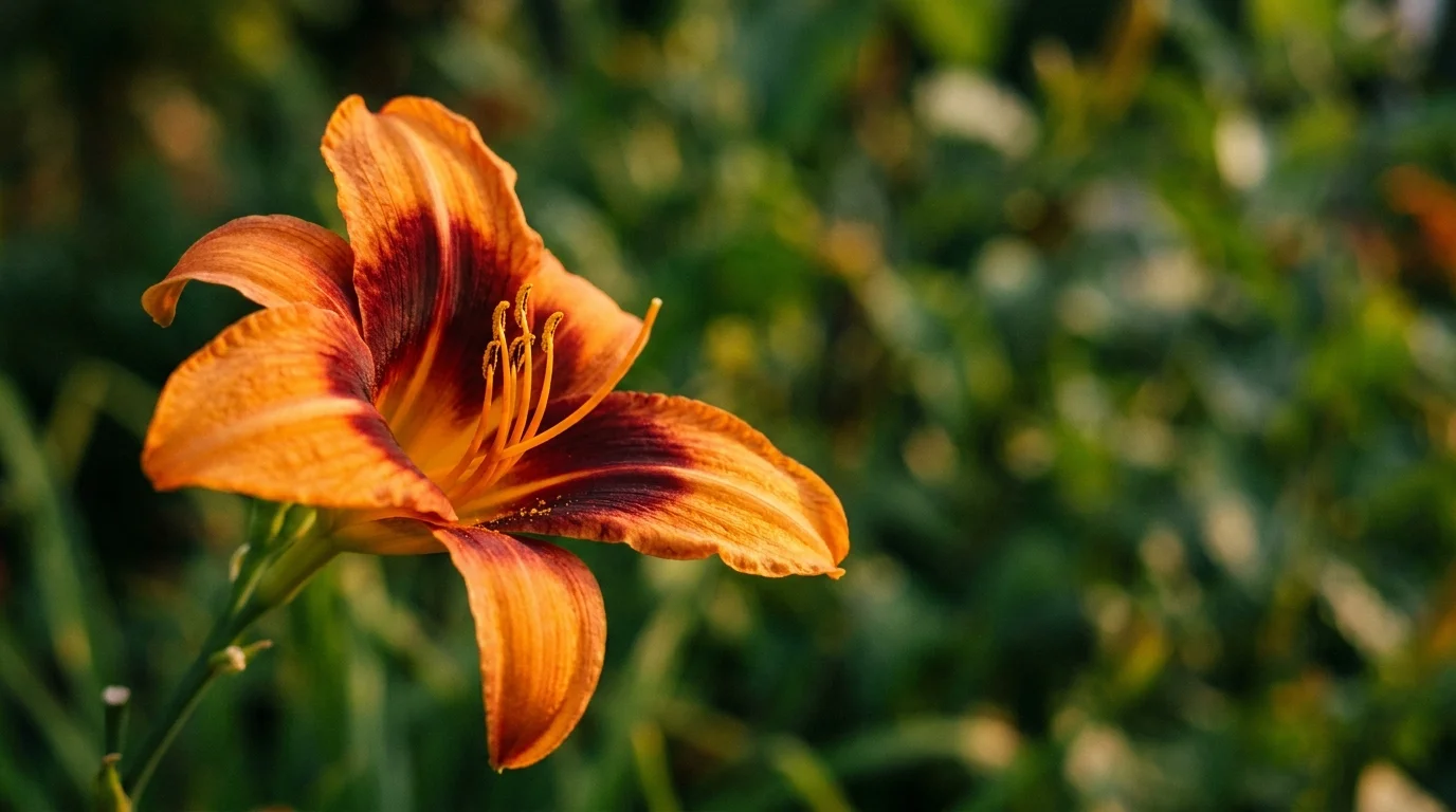 A close-up photo of a vibrant bicolored Daylily with a red center and orange outer petals.