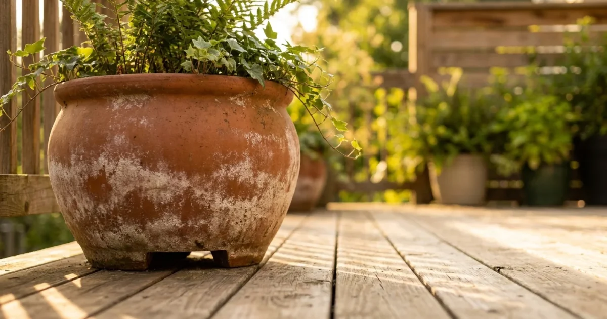 A close-up photograph of a terracotta planter on a wooden deck during sunset, focusing on the small gap beneath the pot.
