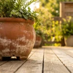 A close-up photograph of a terracotta planter on a wooden deck during sunset, focusing on the small gap beneath the pot.