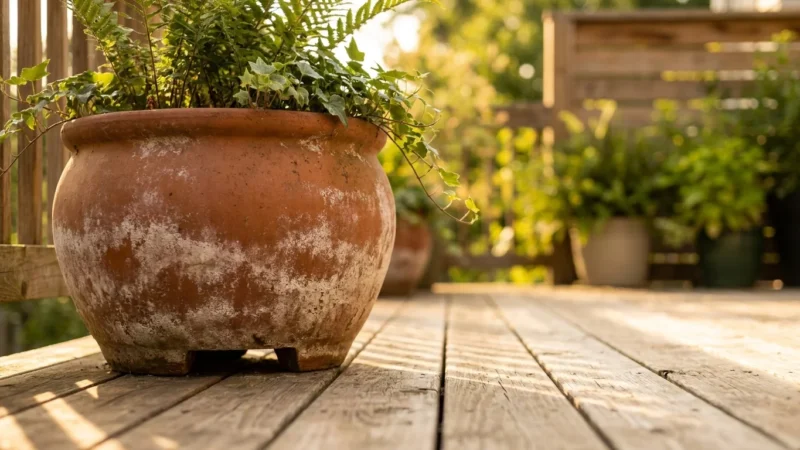 A close-up photograph of a terracotta planter on a wooden deck during sunset, focusing on the small gap beneath the pot.