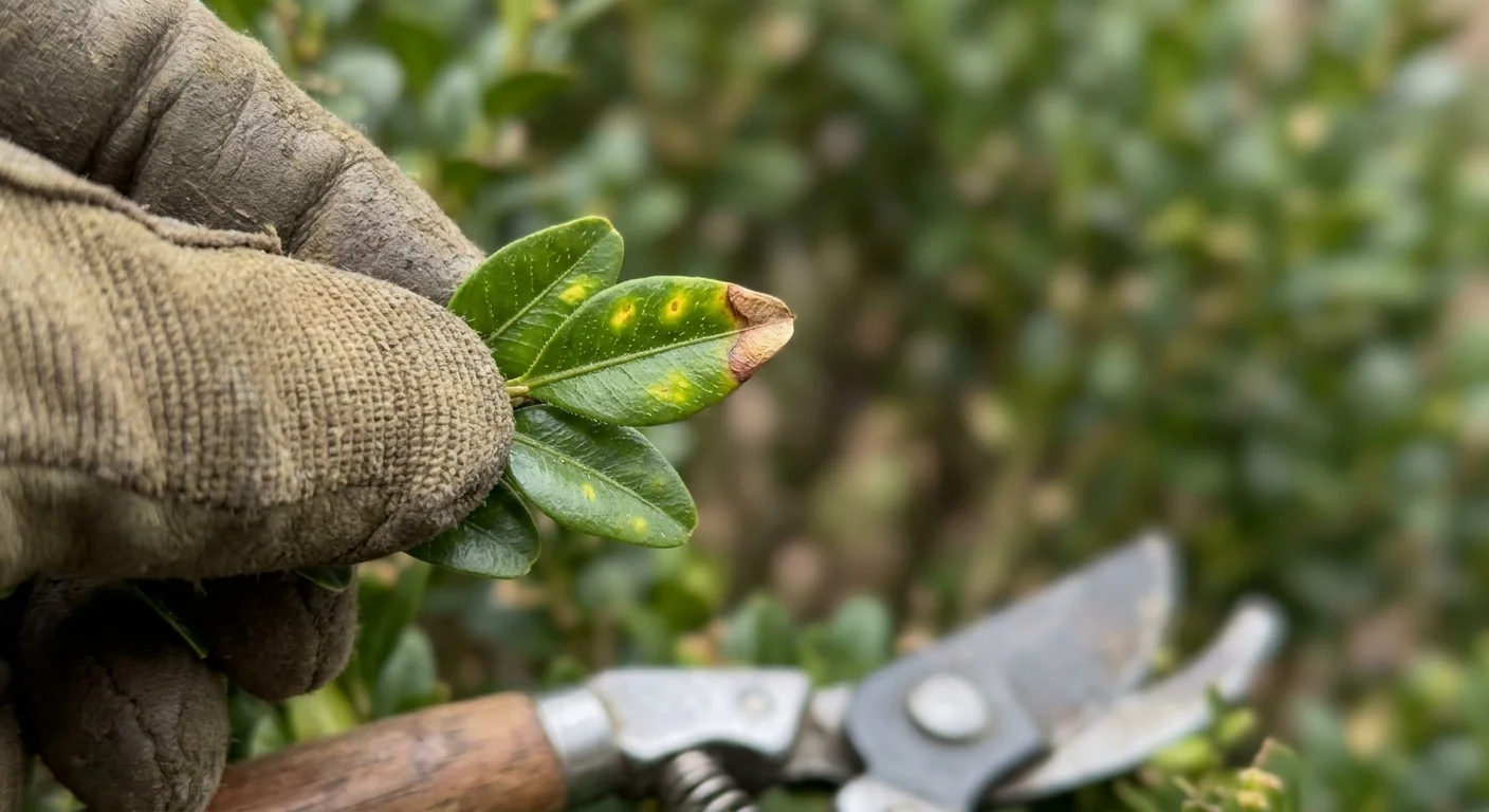 A close-up shot of a hand inspecting a yellowing leaf on a boxwood plant.