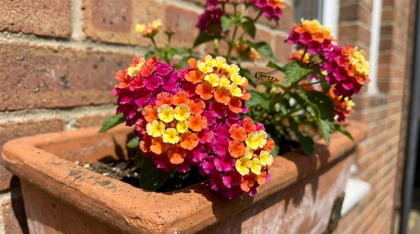A cluster of Lantana flowers showing yellow, orange, and magenta blossoms on the same plant.