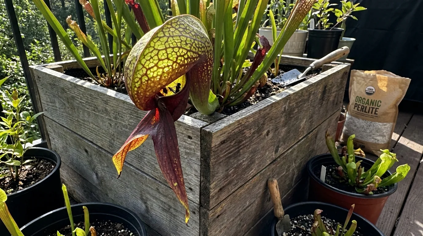 A Cobra Lily plant with its distinct hood and 'tongue' in a wooden planter box on a sunlit deck.