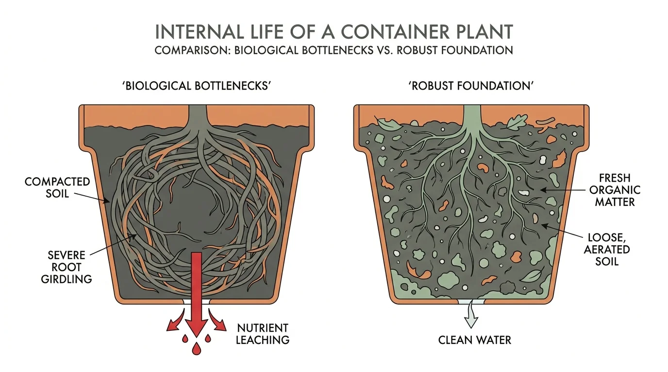 A comparative diagram showing a root-bound plant in compacted soil versus a healthy plant in fresh, aerated potting mix.