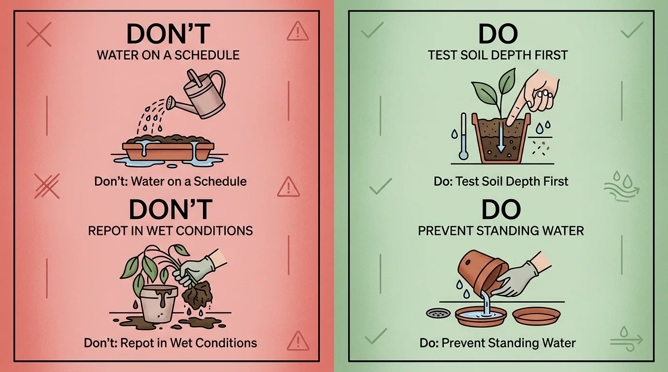 A comparison infographic showing common mistakes like overwatering after rain versus testing soil moisture first.