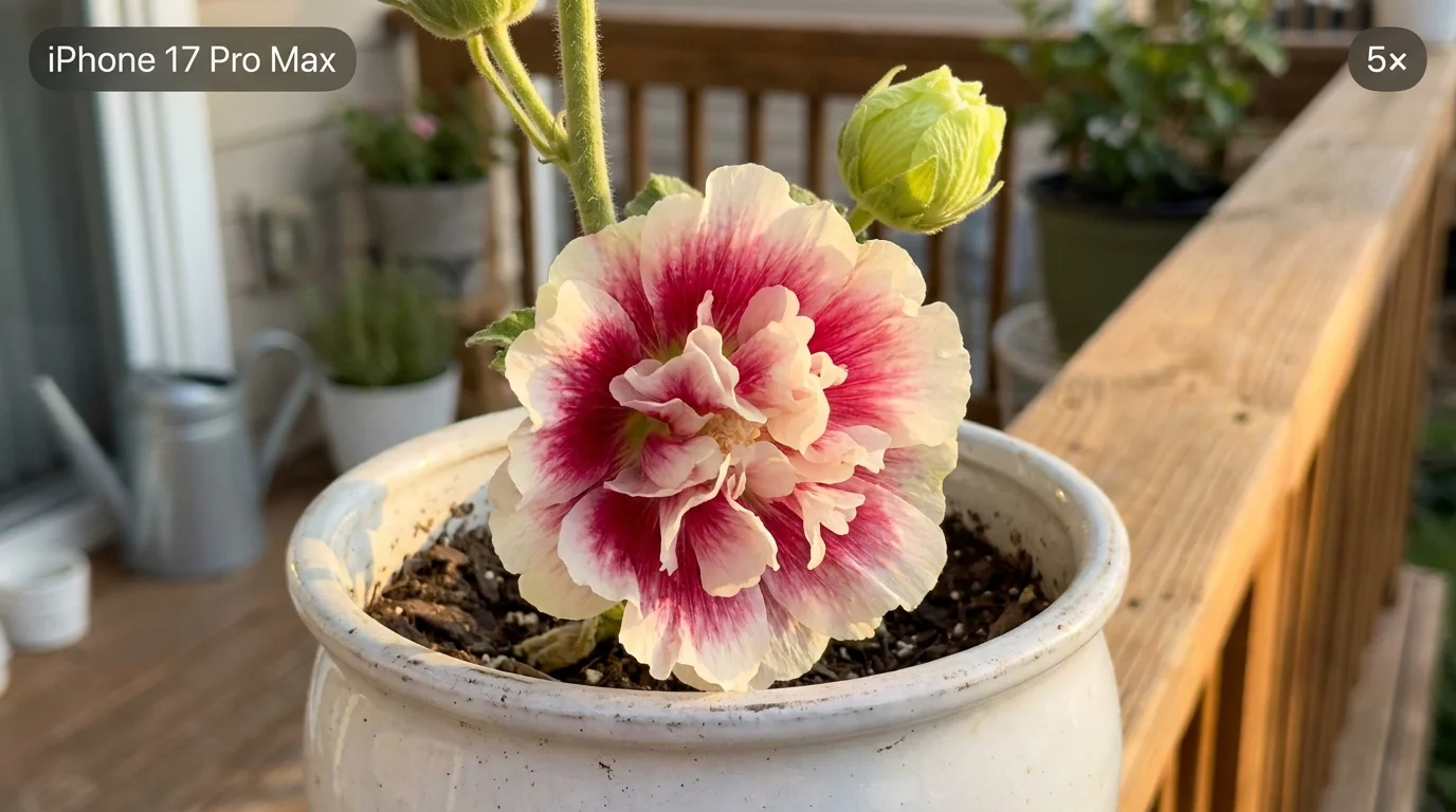 A Confederate Rose hibiscus flower transitioning from white to dark pink on a balcony.