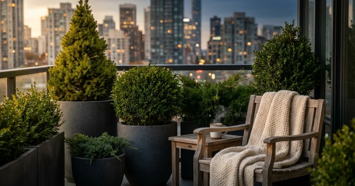 A cozy, green balcony sanctuary with various evergreen pots and a wooden chair overlooking a city at sunset.