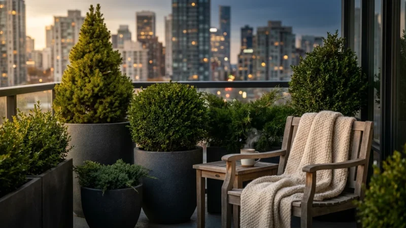 A cozy, green balcony sanctuary with various evergreen pots and a wooden chair overlooking a city at sunset.