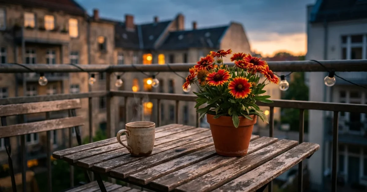 A cozy urban balcony at dusk featuring a potted multi-colored Blanket Flower on a wooden table with a city view in the background.