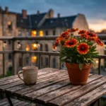 A cozy urban balcony at dusk featuring a potted multi-colored Blanket Flower on a wooden table with a city view in the background.