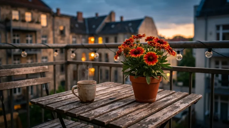 A cozy urban balcony at dusk featuring a potted multi-colored Blanket Flower on a wooden table with a city view in the background.