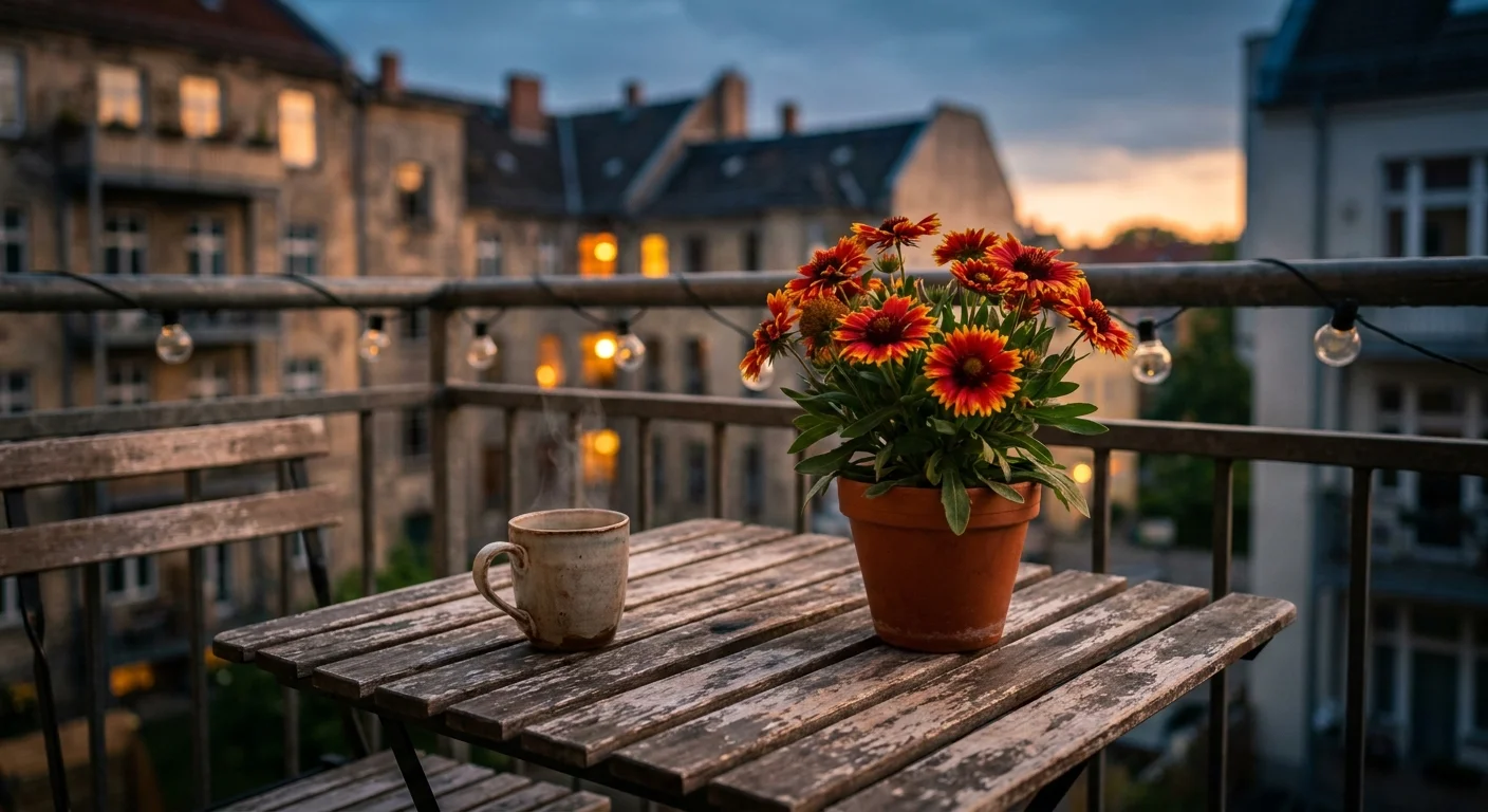 A cozy urban balcony at dusk featuring a potted multi-colored Blanket Flower on a wooden table with a city view in the background.