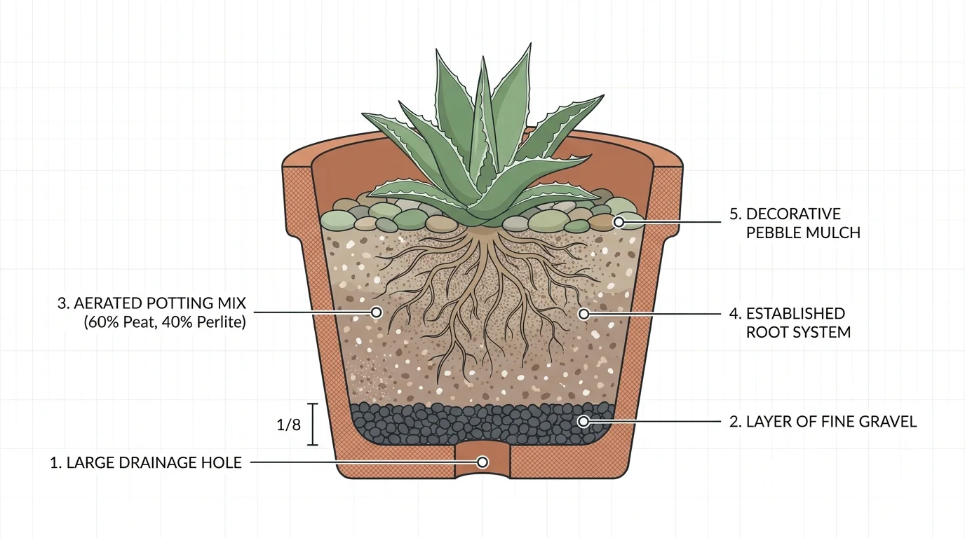 A cross-section diagram of a garden pot showing drainage, gravel, soil mix, and a plant.