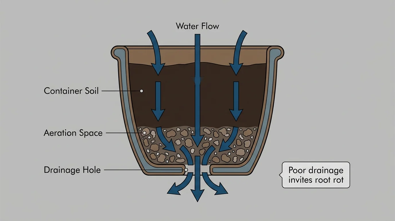 A cross-section diagram of a plant pot showing soil layers and water drainage pathways with descriptive text labels.