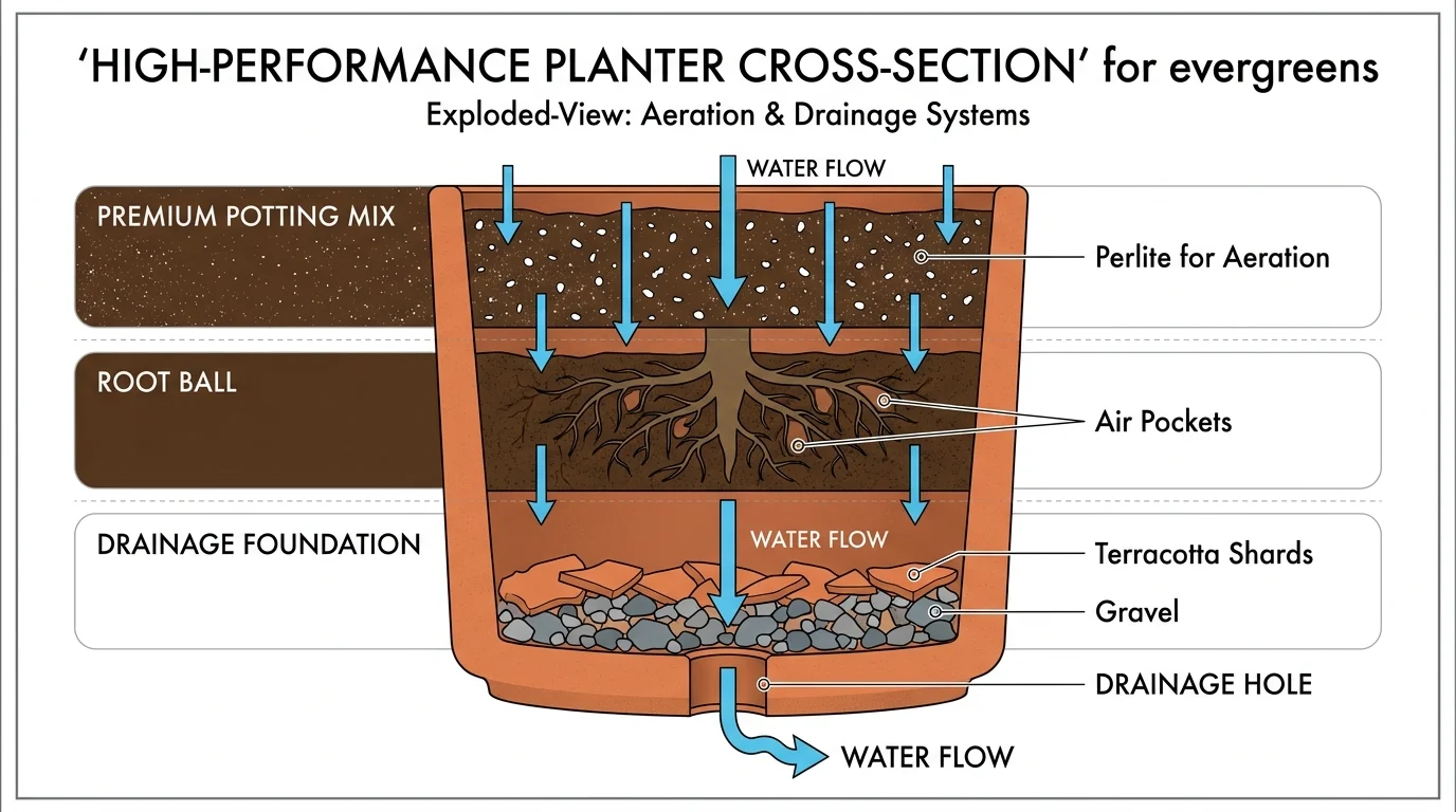 A cross-section diagram of a plant pot showing the correct layers of soil and drainage material for evergreens.