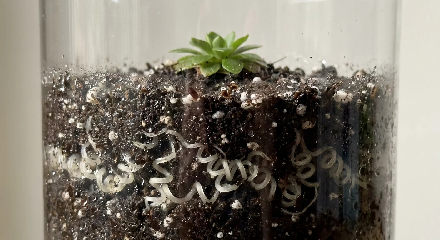 A cross-section view of a Corkscrew Plant showing its white, spiraling traps hidden beneath the soil.