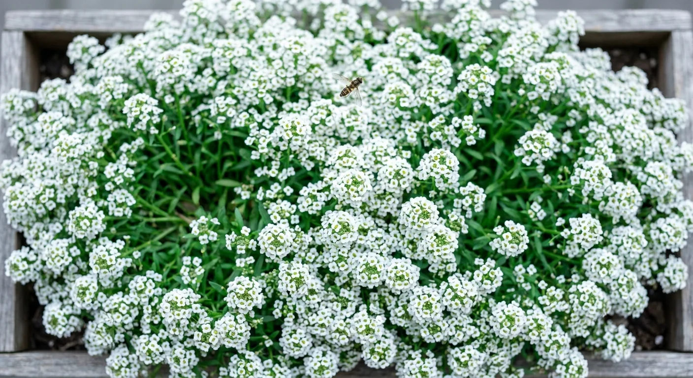 A dense carpet of tiny white Sweet Alyssum flowers fills a window box, with a small pollinator hovering above.