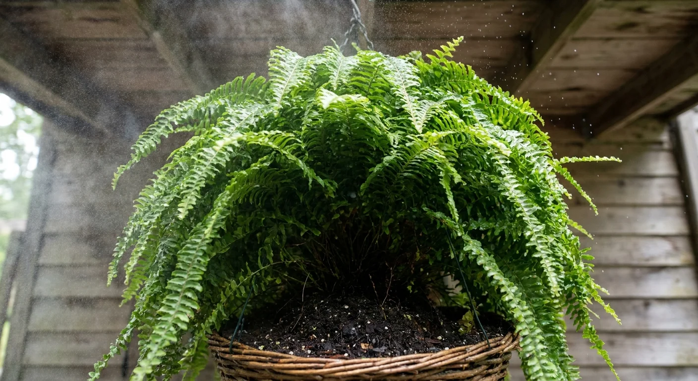 A dense hanging Boston Fern with water mist in the air, showing its thick, moisture-trapping fronds.