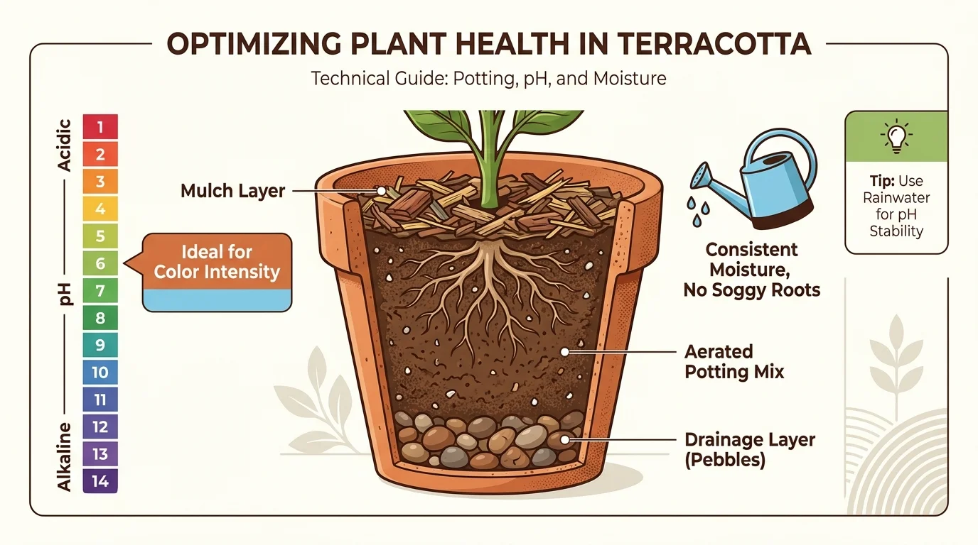 A diagram showing a cross-section of a garden pot with soil layers and a pH scale for flower care.