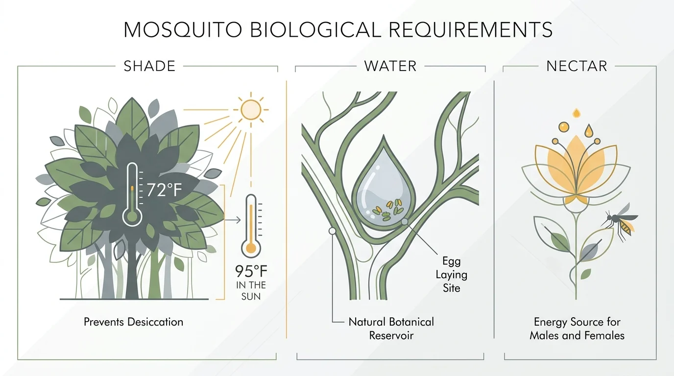 A diagram showing how shade, trapped water, and nectar in plants provide the perfect environment for mosquitoes to thrive.