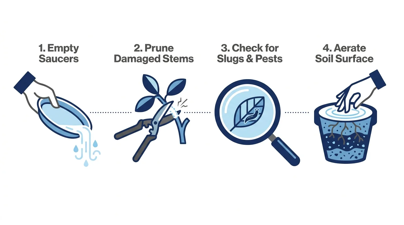A four-step infographic showing post-rain care: draining saucers, pruning, checking for pests, and aerating soil.