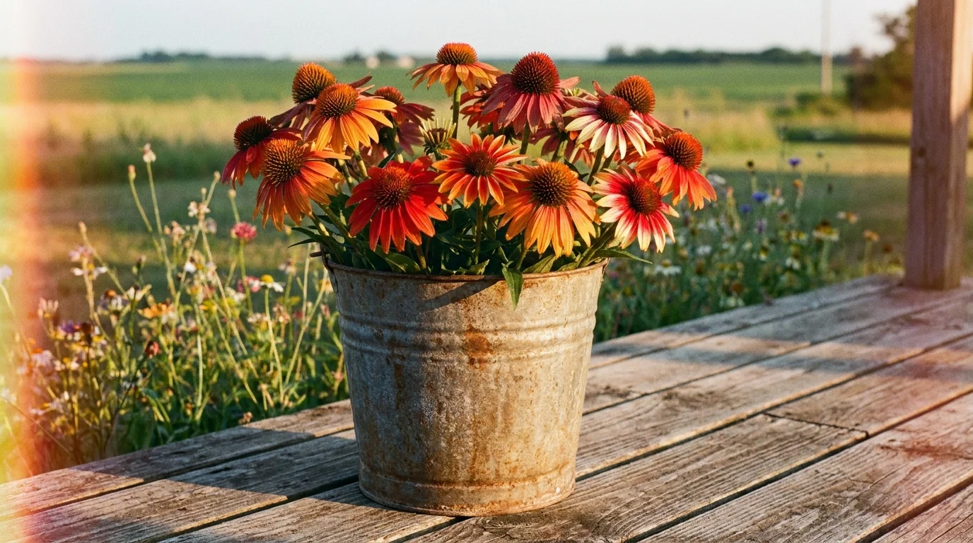 A galvanized bucket filled with various orange and red Coneflowers on a wooden patio at sunset.