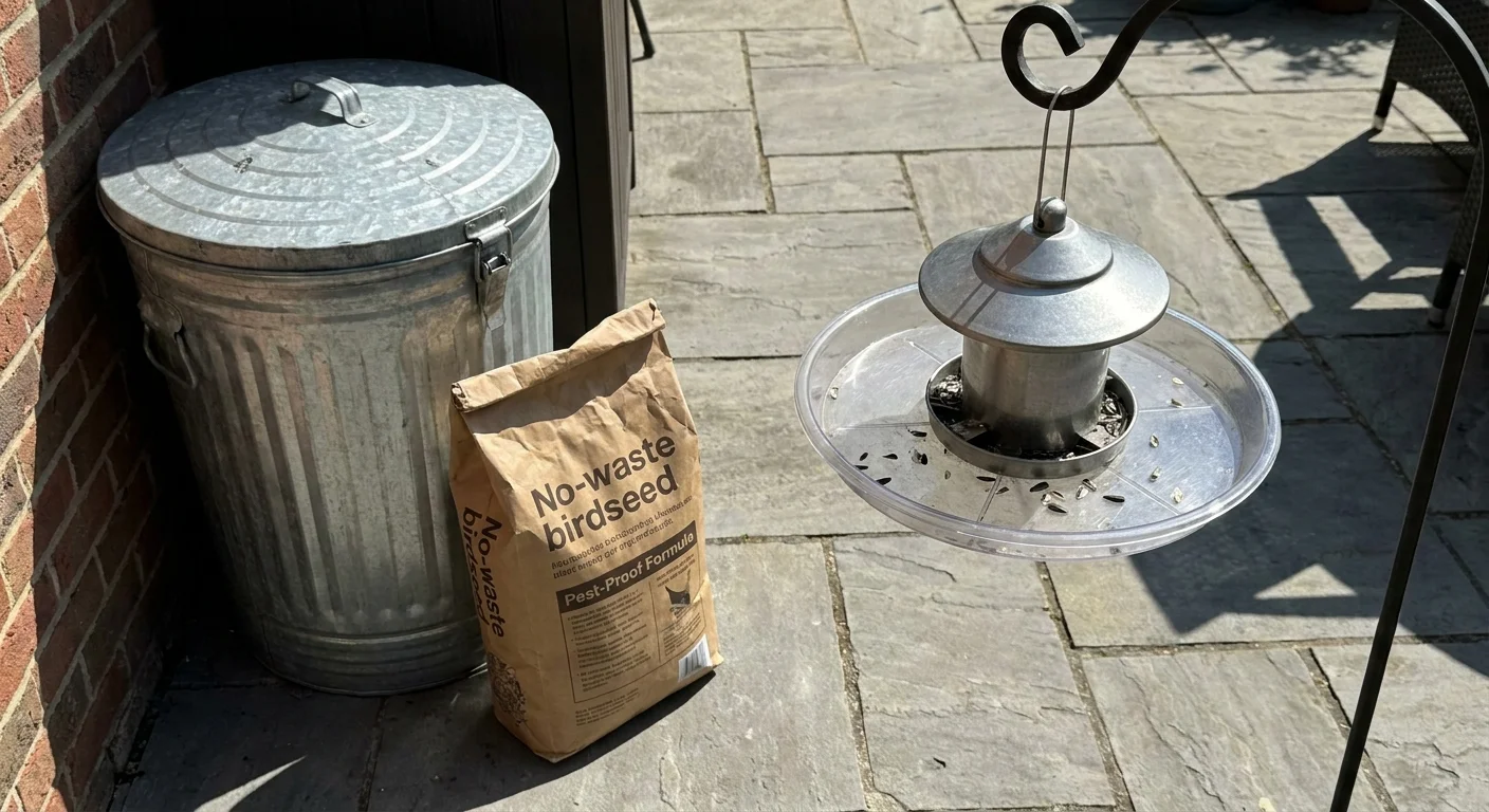 A galvanized steel bin and a bag of birdseed with a seed catcher tray under a feeder on a stone patio.