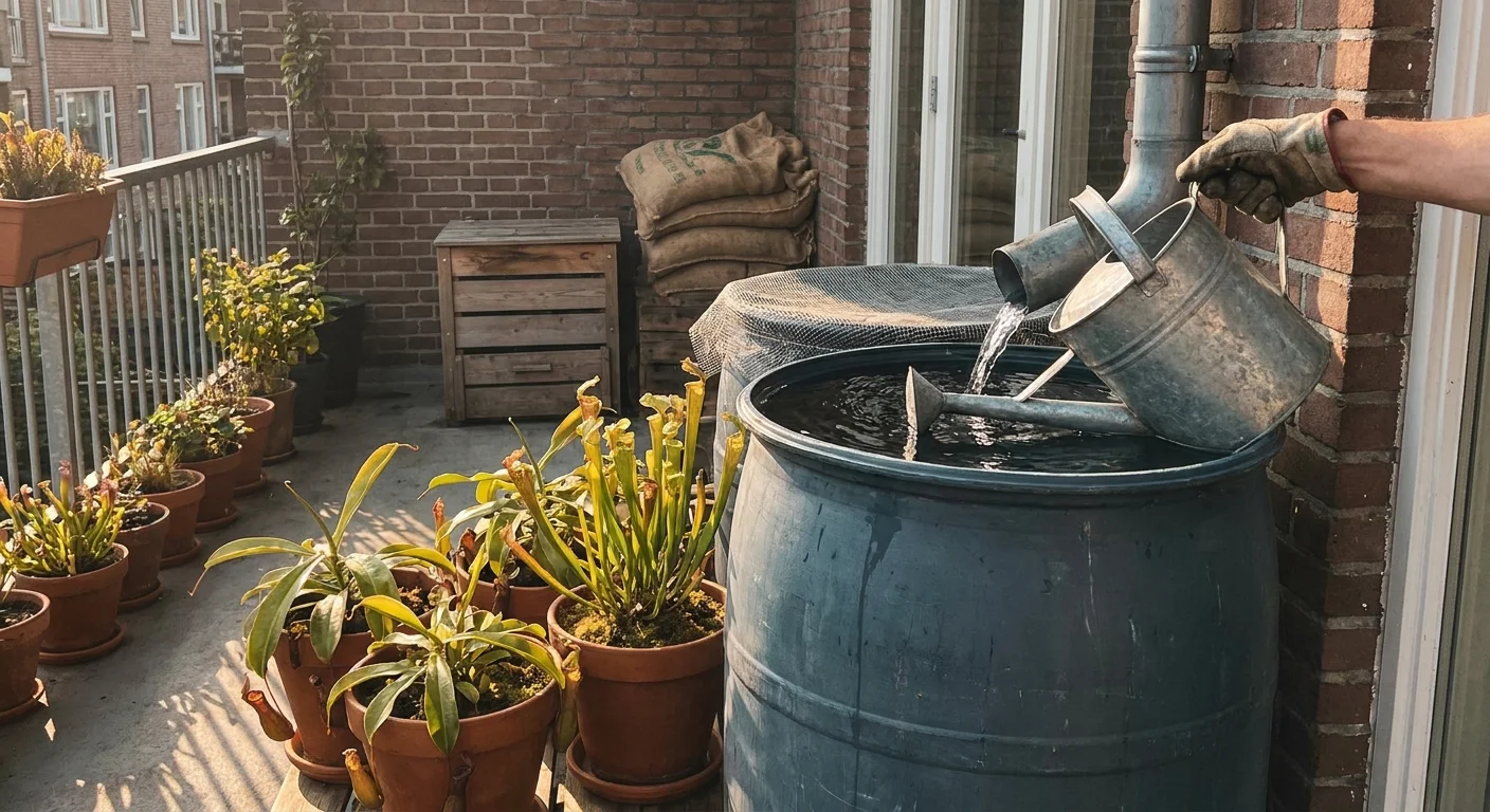A gardener collecting rainwater in a bucket on their balcony to sustainably water their carnivorous plants.