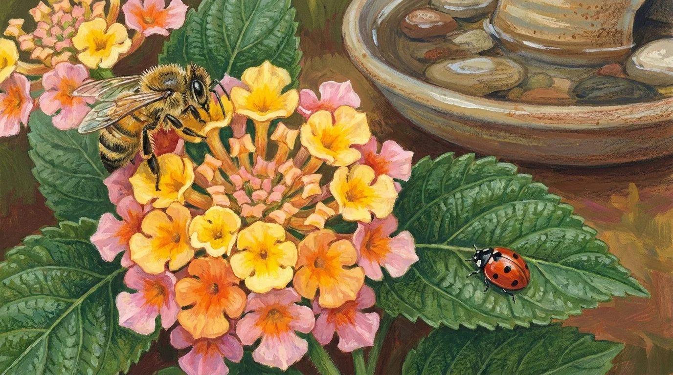 A gouache illustration of a bee and a ladybug on a color-changing flower in a garden.