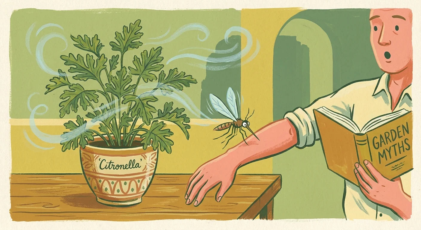 A gouache illustration of a mosquito flying right past a citronella plant to bite a person, debunking the repellent myth.