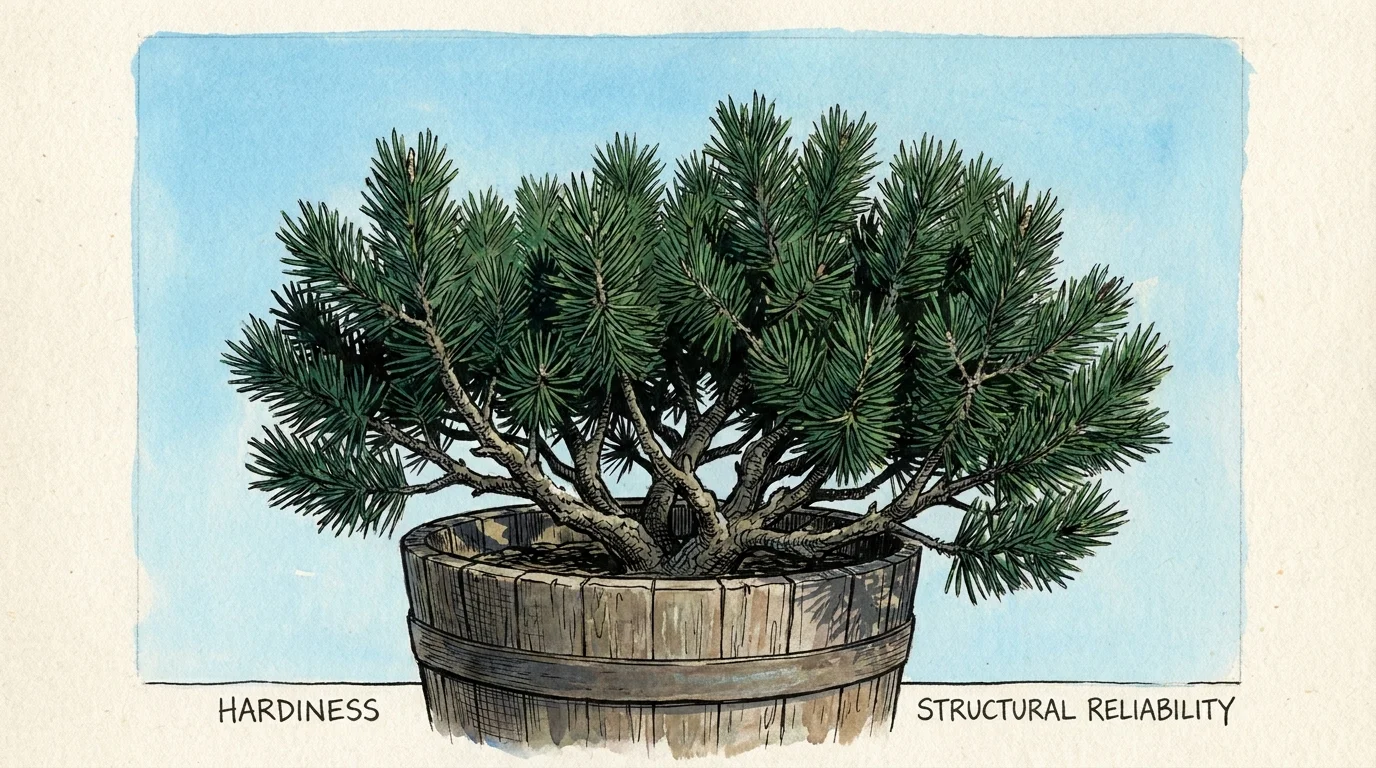 A gouache painting of a compact Dwarf Mugo Pine with dense green needles in a wooden planter.