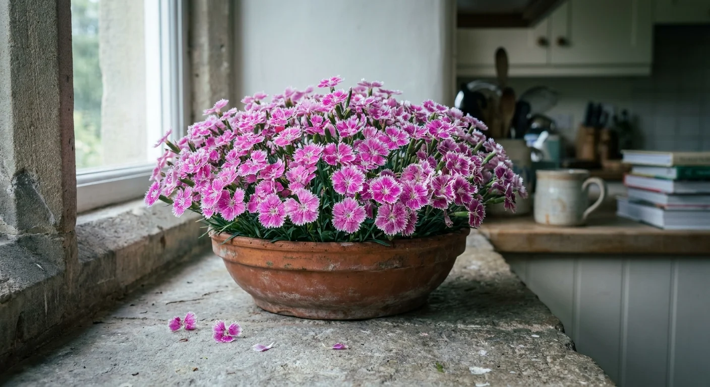 A group of pink and white fringed Cheddar Pinks growing in a terra cotta bowl on a stone windowsill.
