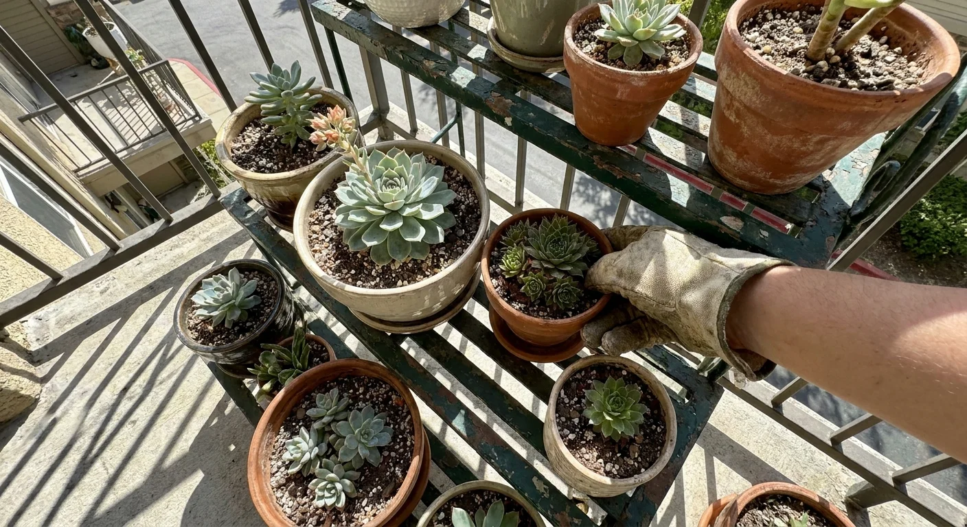 A hand in a gardening glove tending to succulents on a sunny apartment balcony plant stand.