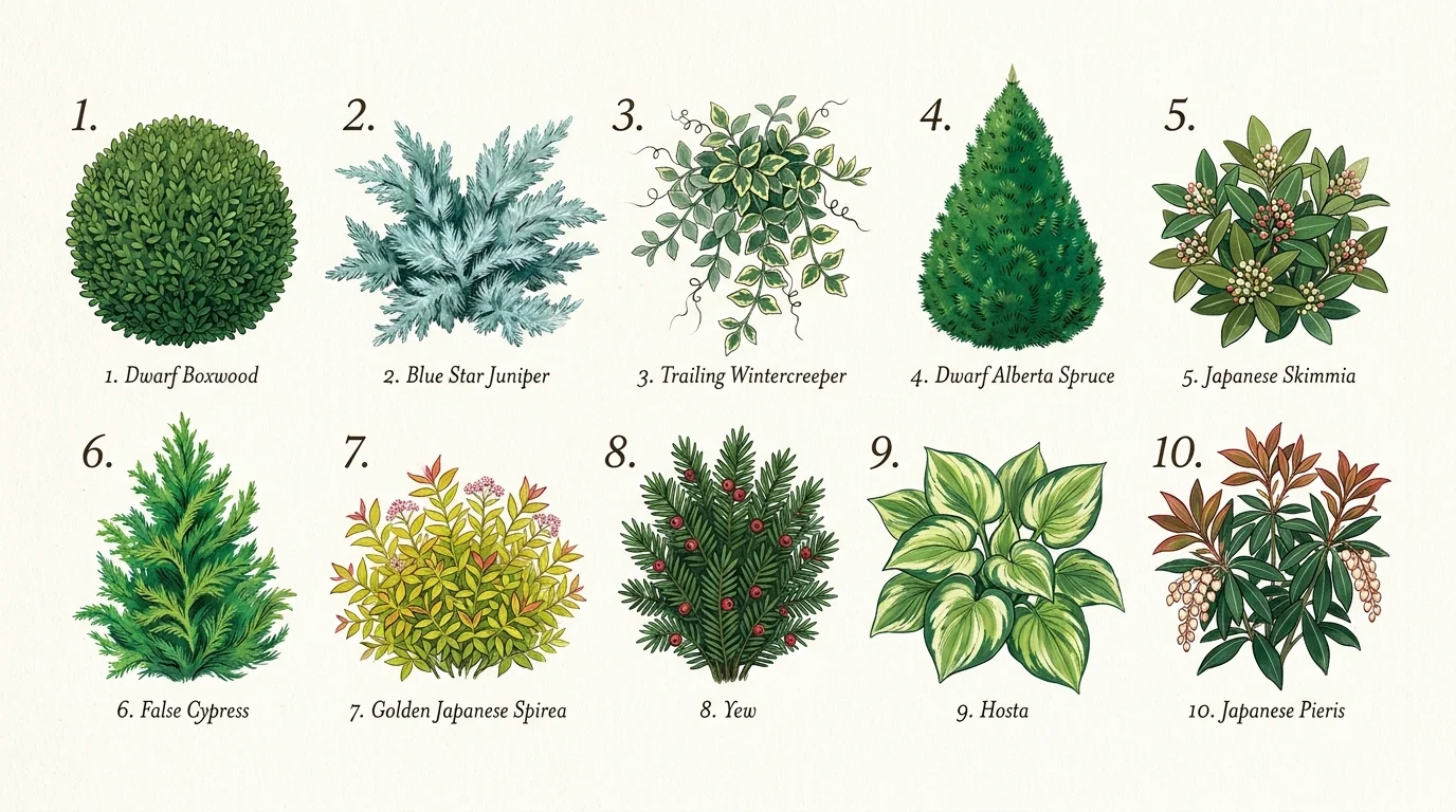 A horizontal botanical illustration showing a numbered list of ten different compact evergreen plants for small gardens.