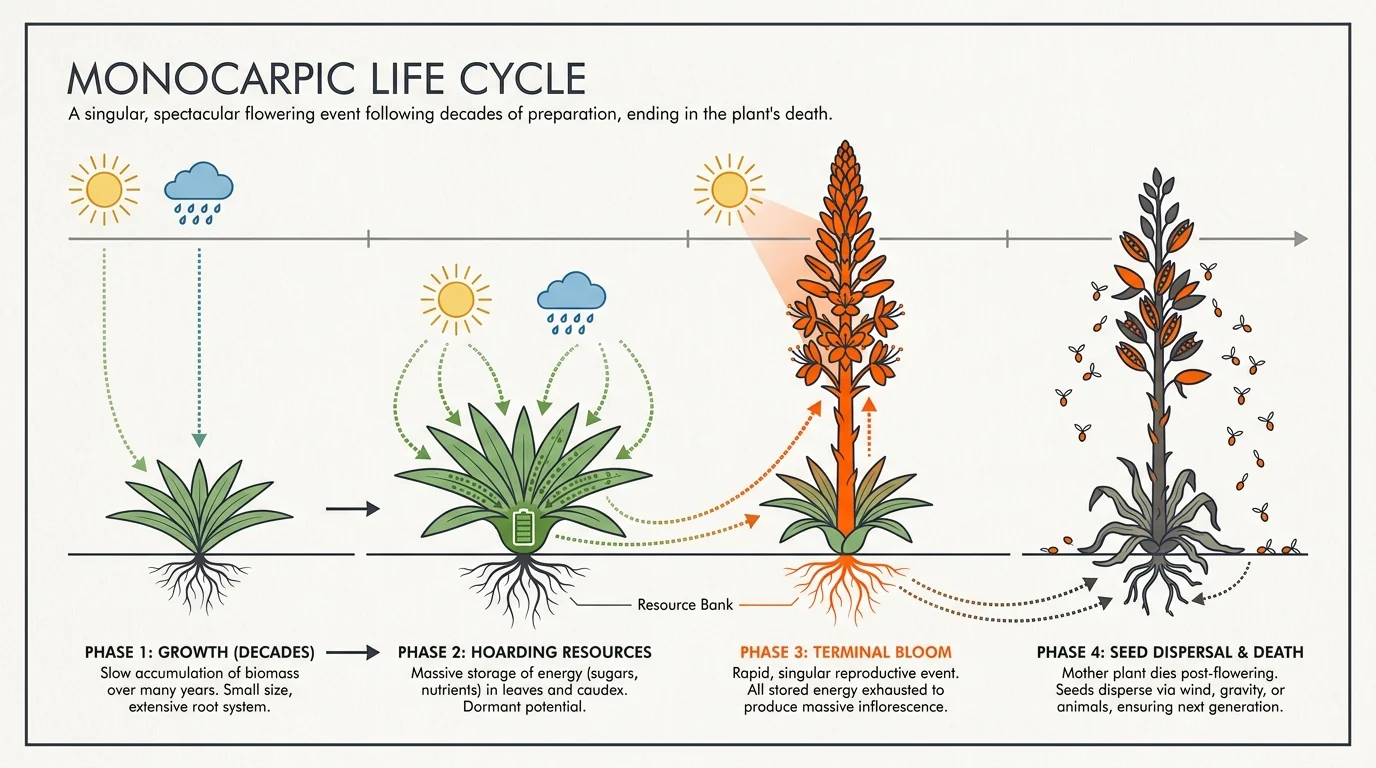 A horizontal diagram showing the four phases of a monocarpic plant's life, from growth to terminal bloom and seeding.